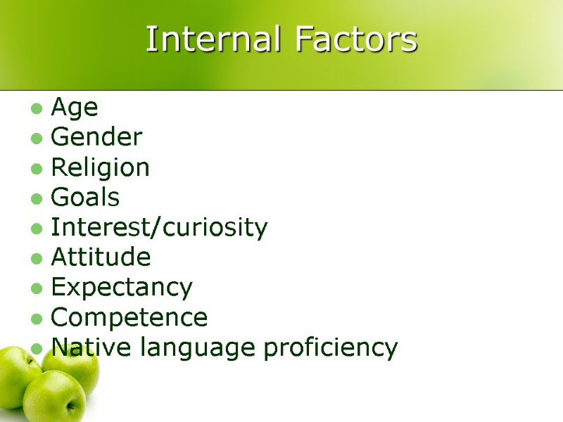 Internal Factors Age Gender Religion Goals Interest/curiosity Attitude Expectancy Competence Native language proficiency